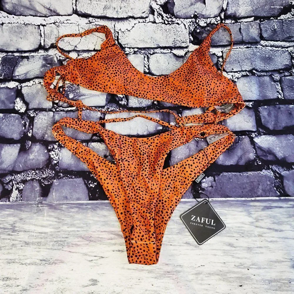 Zaful copper chocolate animal print 2pc thong bikini set NWT